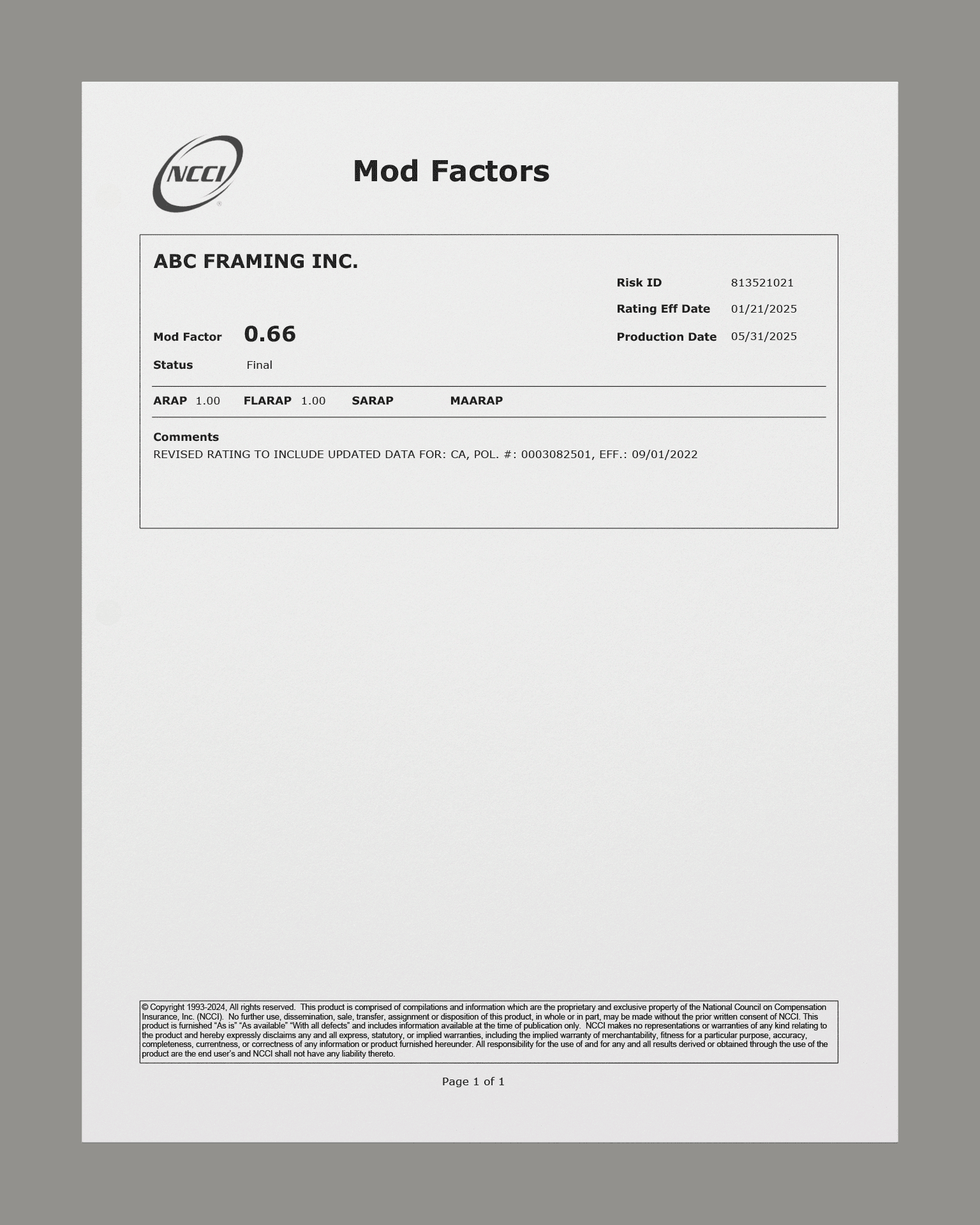 Sample of Experience Modification Rate