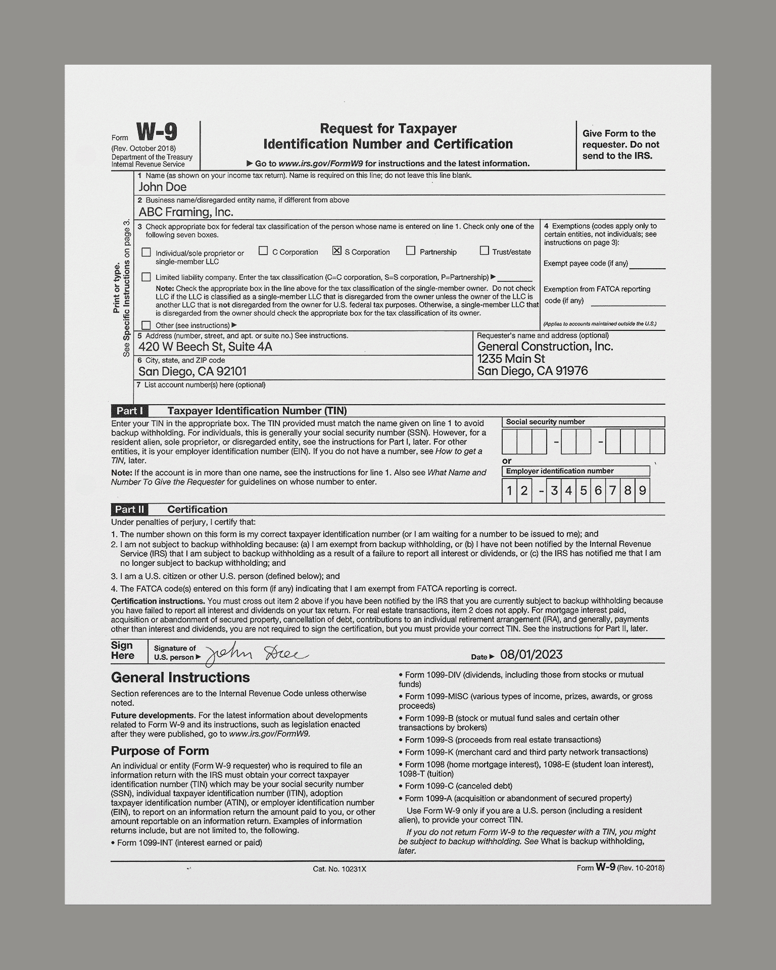 Example of W-9 tax form