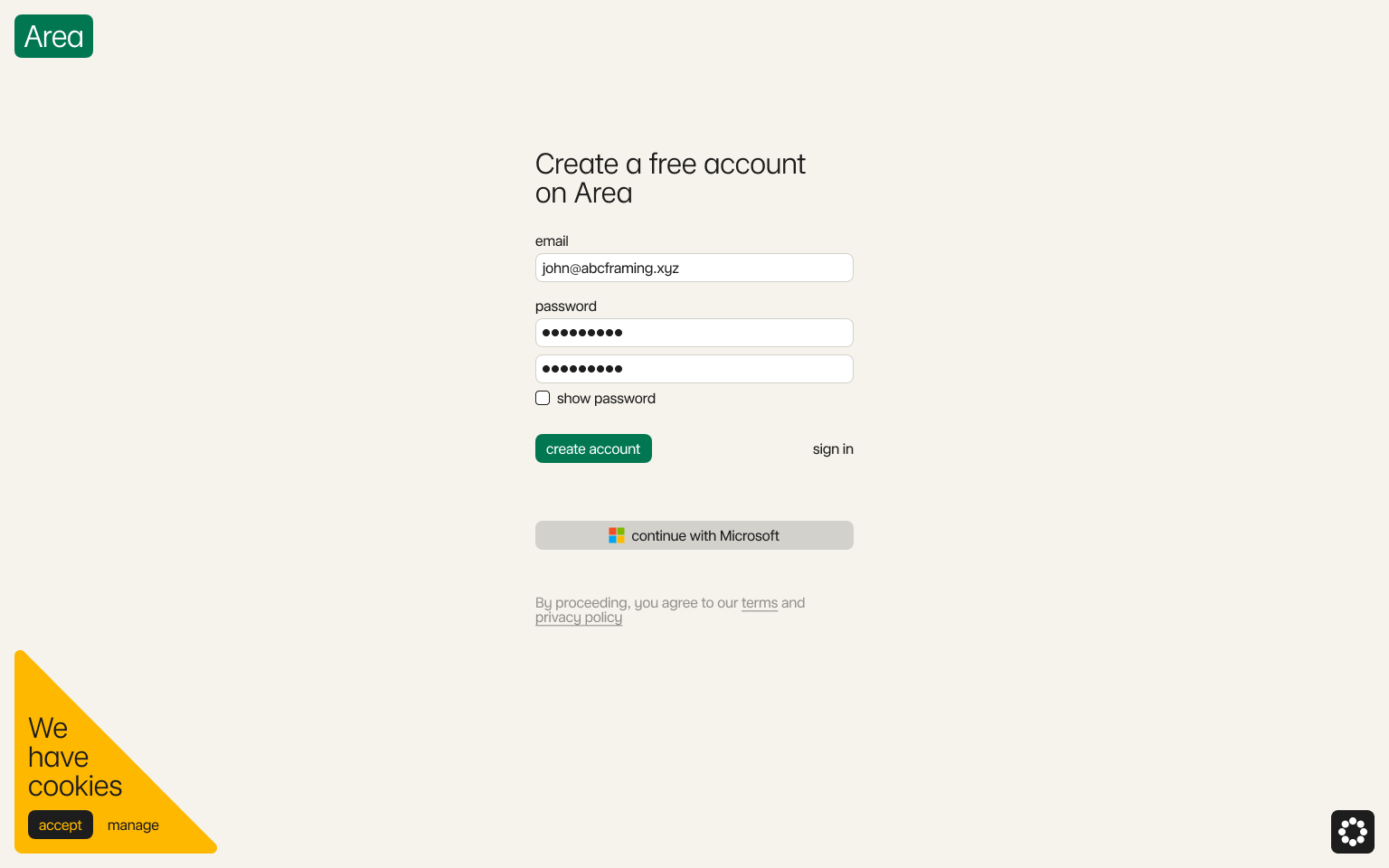 Create a free account on Area