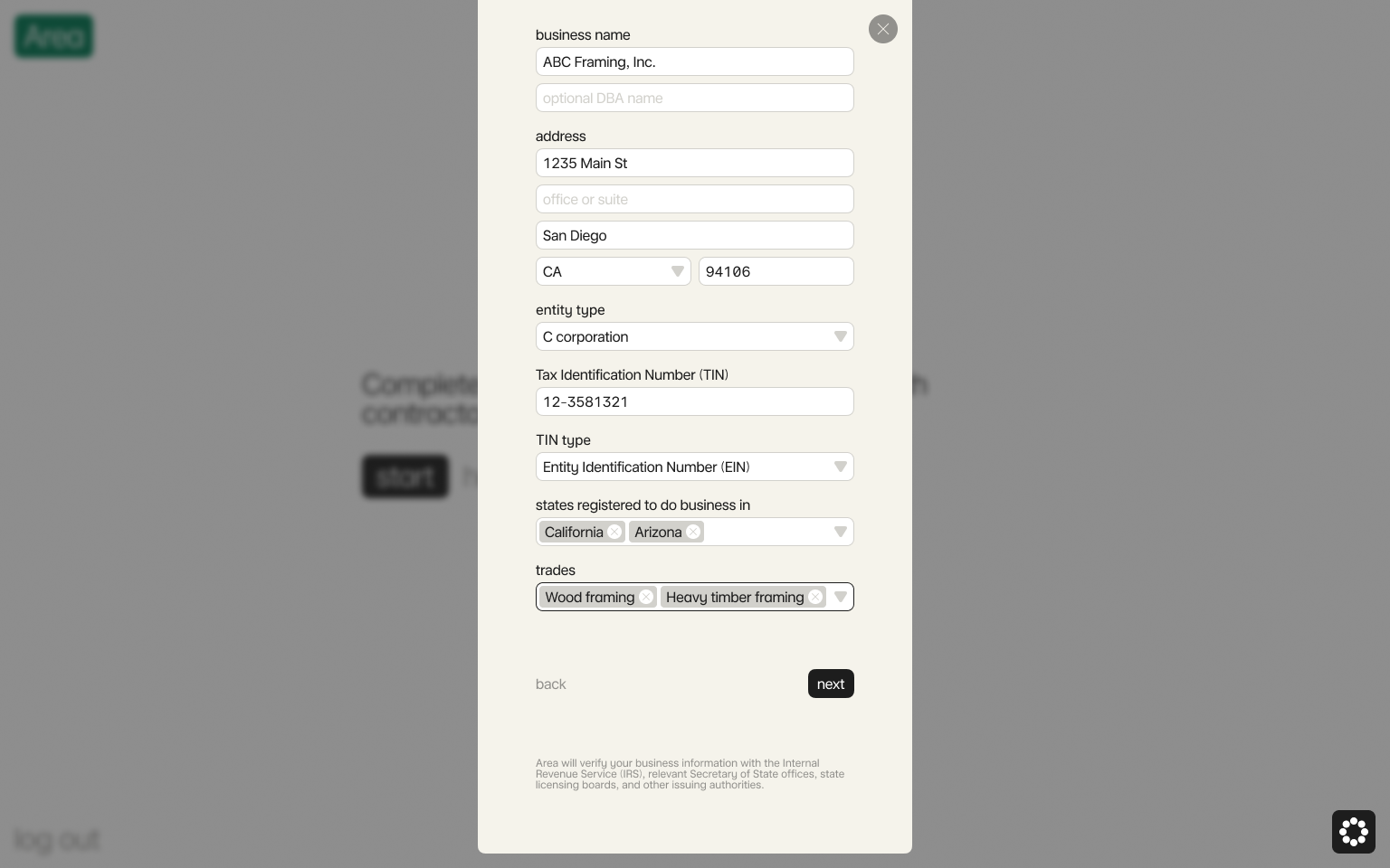 Enter your business information