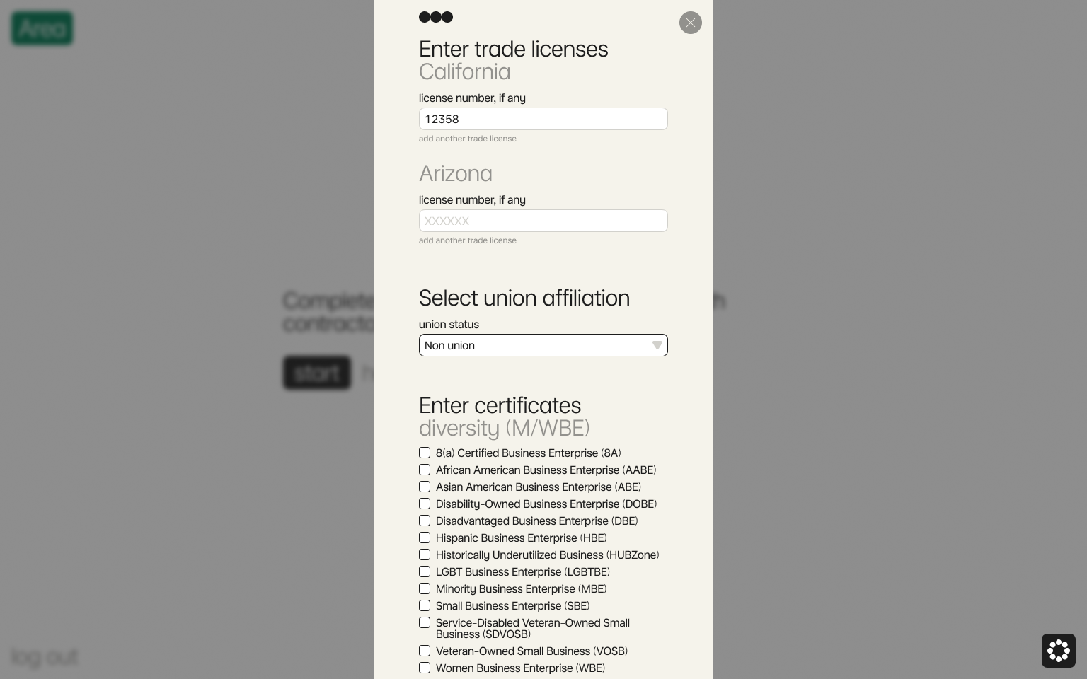 Enter your trade licenses, union affiliation, and certificates