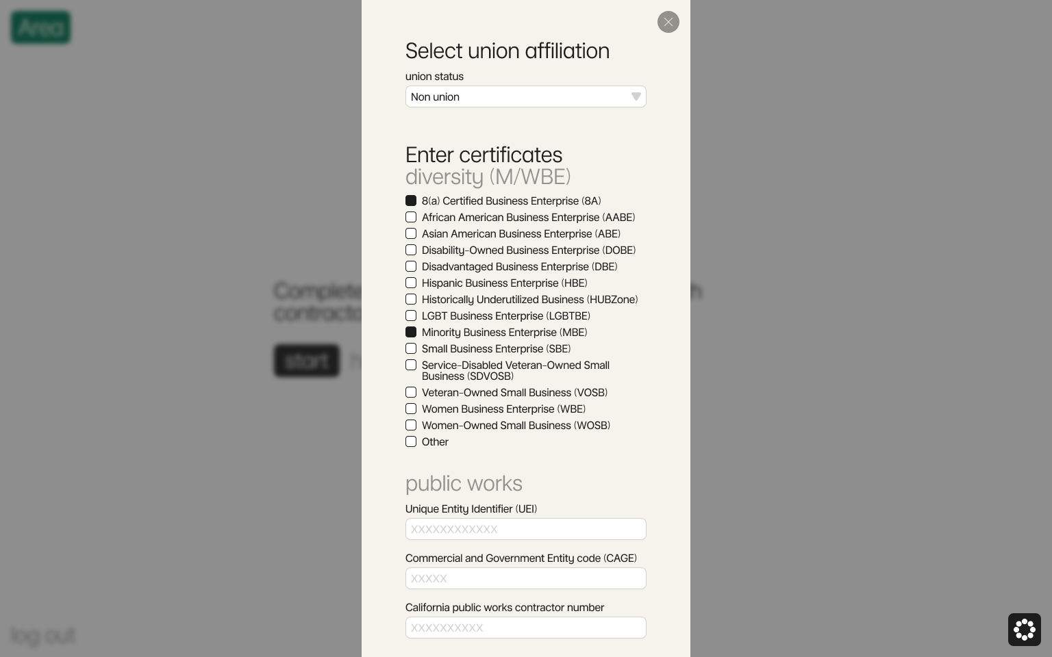 Enter your trade licenses, union affiliation, and certificates