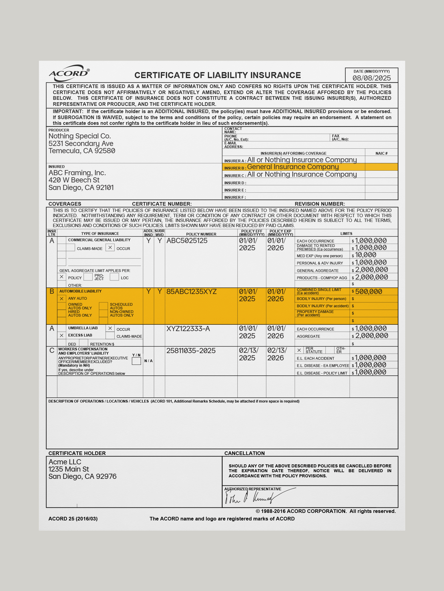 Automobile liability in COI