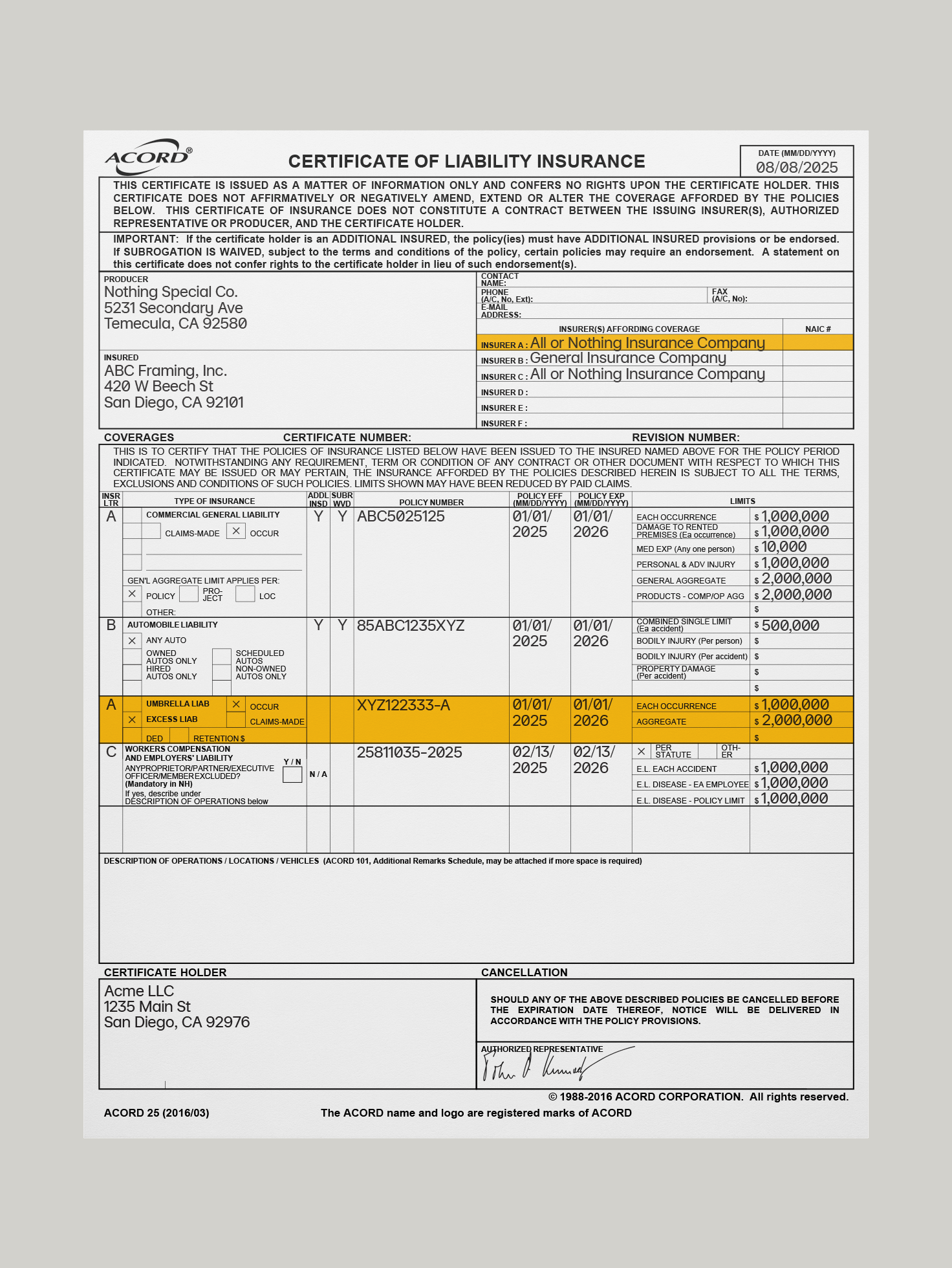 Umbrella or excess liability in COI