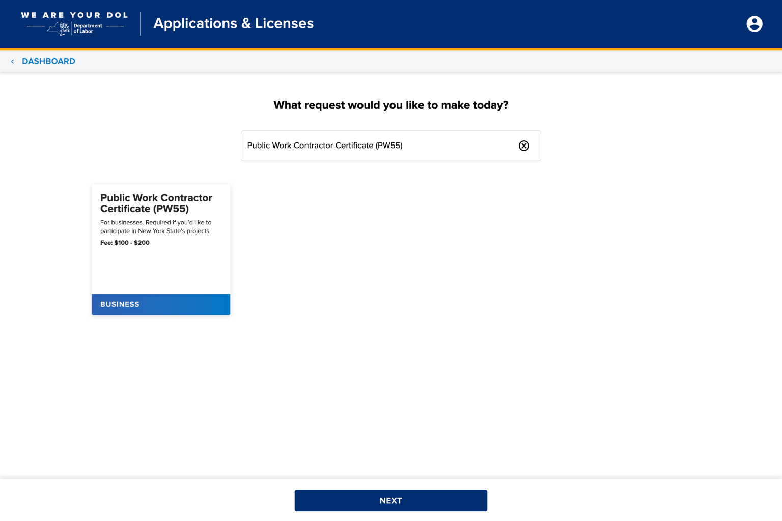 4.3. Select "Public Work Contractor Certificate (PW55)"
