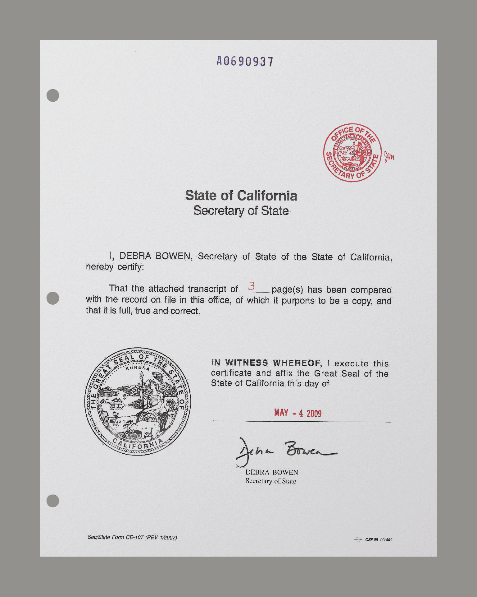 Example of California Secretary of State Articles of Incorporation