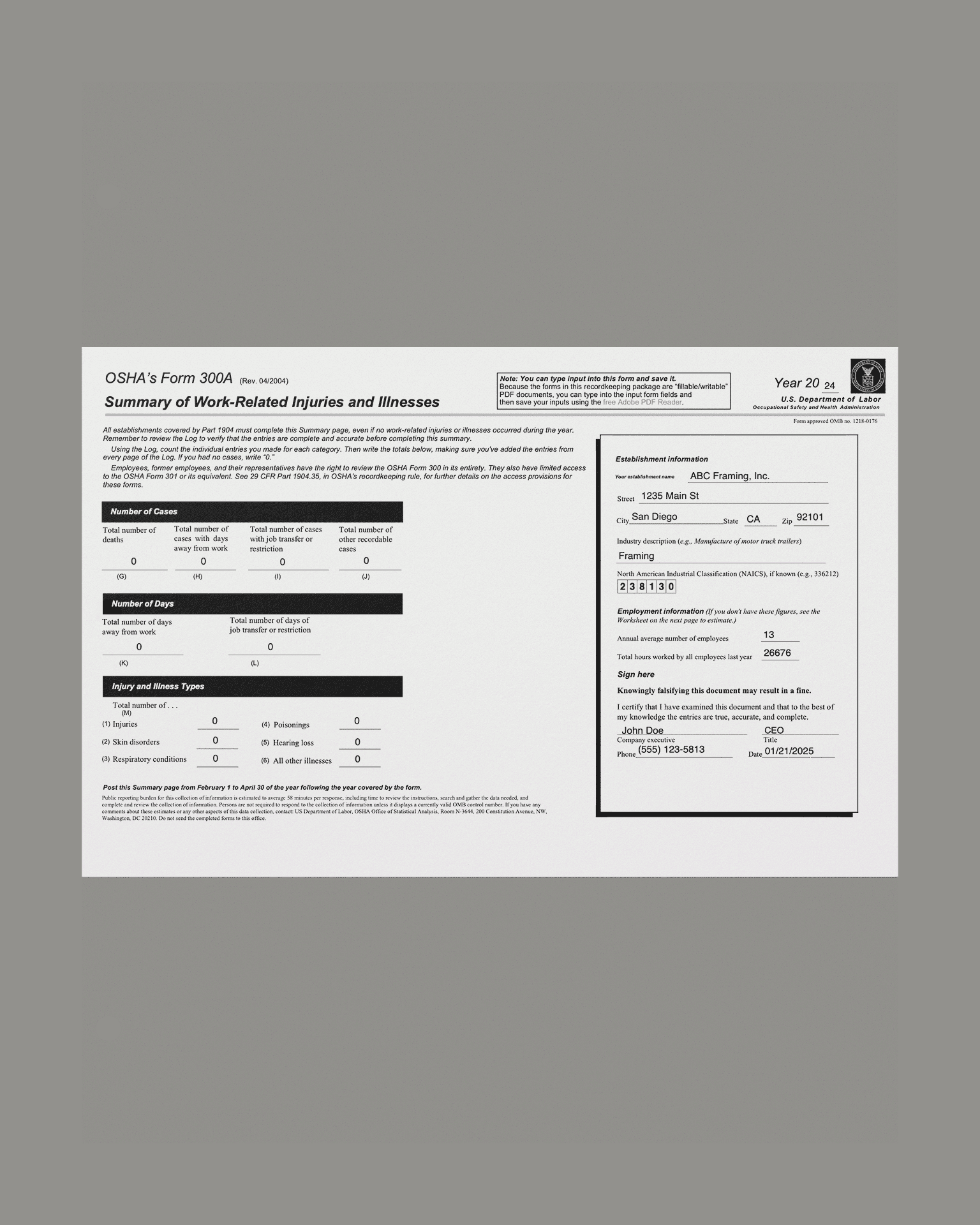 Sample of OSHA 300A logs